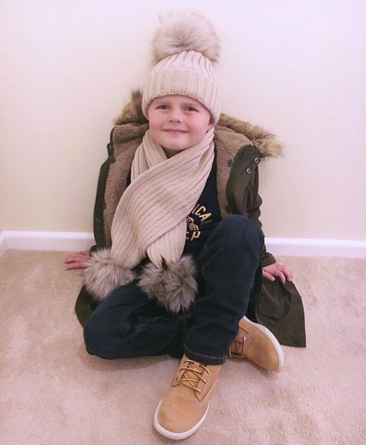 Kinder Knitted Faux Fur Pom Pom Scarf - Millie and John