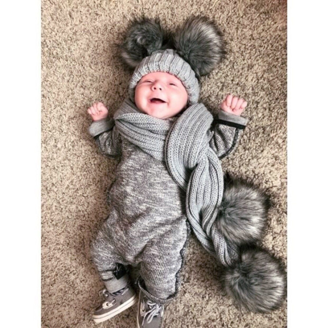 Kinder Knitted Faux Fur Pom Pom Scarf - Millie and John