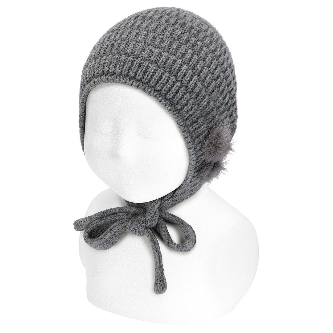 Condor Light Grey Knitted Bonnet with Pom Poms | Millie and John