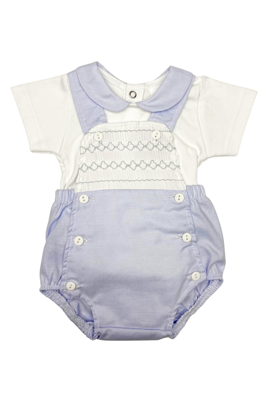 Little Nosh "Evander" Blue Smocked Dungaree Romper Set - Millie and John