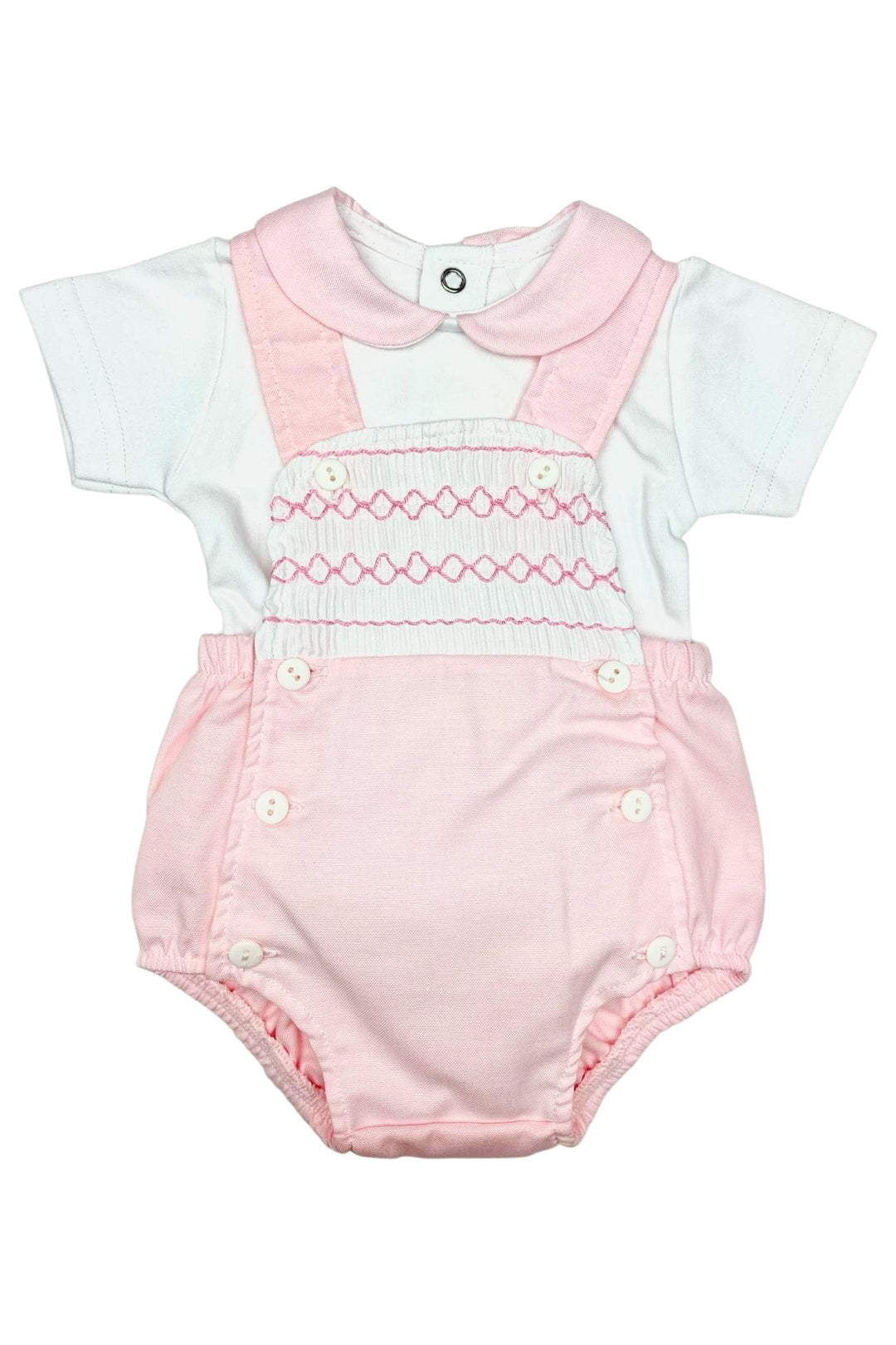 Little Nosh "Evie" Pink Smocked Dungaree Romper Set - Millie and John