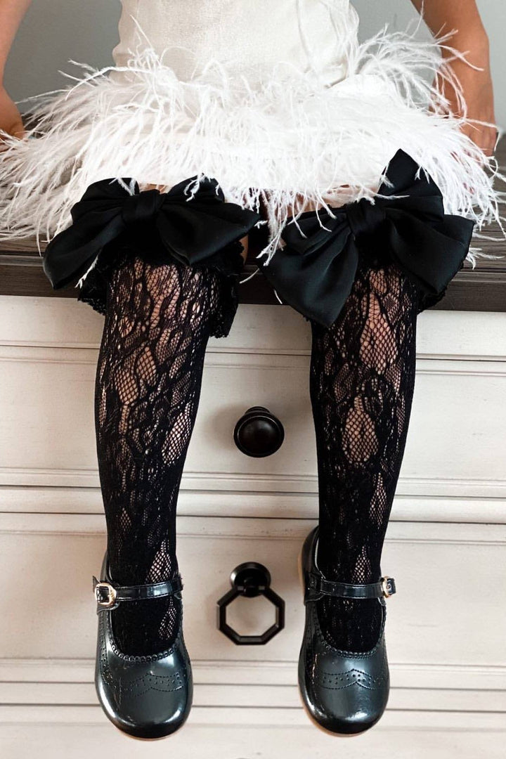 Petit Maison "Lola" Black Lace Satin Bow Socks | Millie and John
