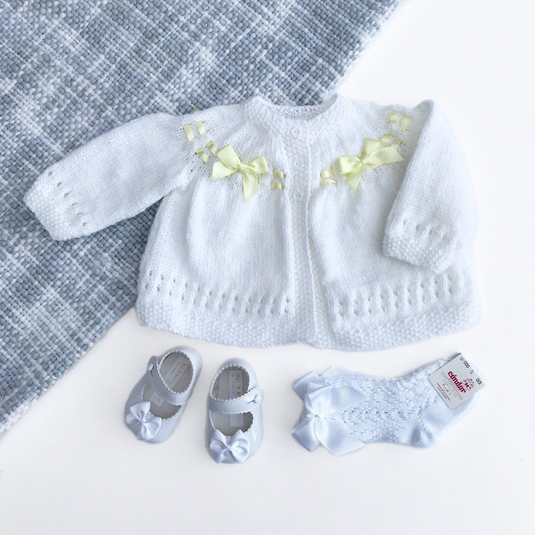 Millie and John Bespoke Bespoke White Matinee Jacket with Yellow Bows - Millie and John