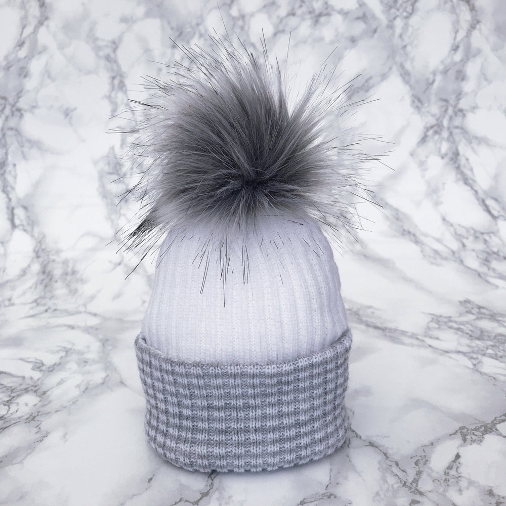 Millie and John First Size Grey & White Faux Fur Pom Pom Hat - Millie and John