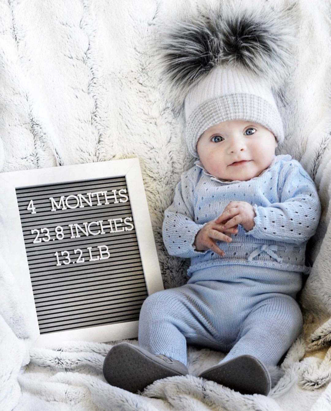 Millie and John First Size White & Grey Double Pom Pom Hat - Millie and John