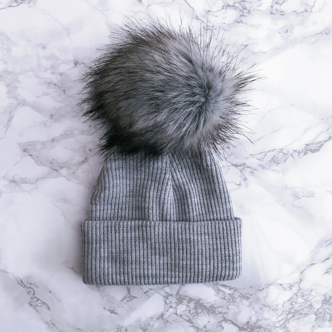 Millie and John Grey Ribbed Faux Fur Pom Pom Hat - Millie and John