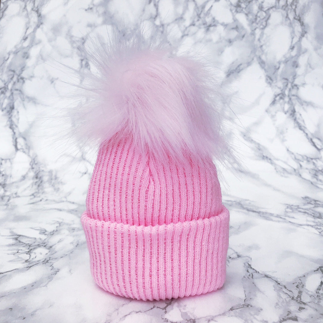 Millie and John Pink Ribbed Faux Fur Pom Pom Hat - Millie and John