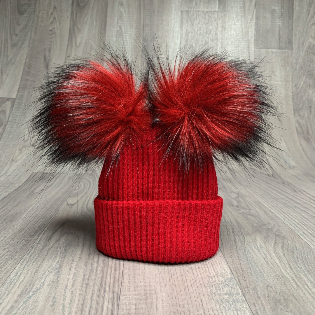 Millie and John Red Ribbed Double Pom Pom Hat - Millie and John