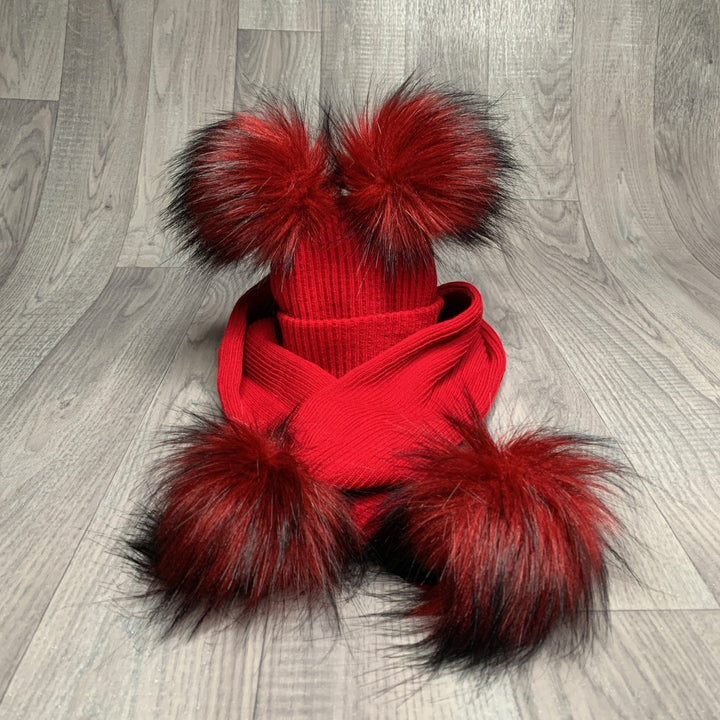 Millie and John Red Ribbed Double Pom Pom Hat - Millie and John