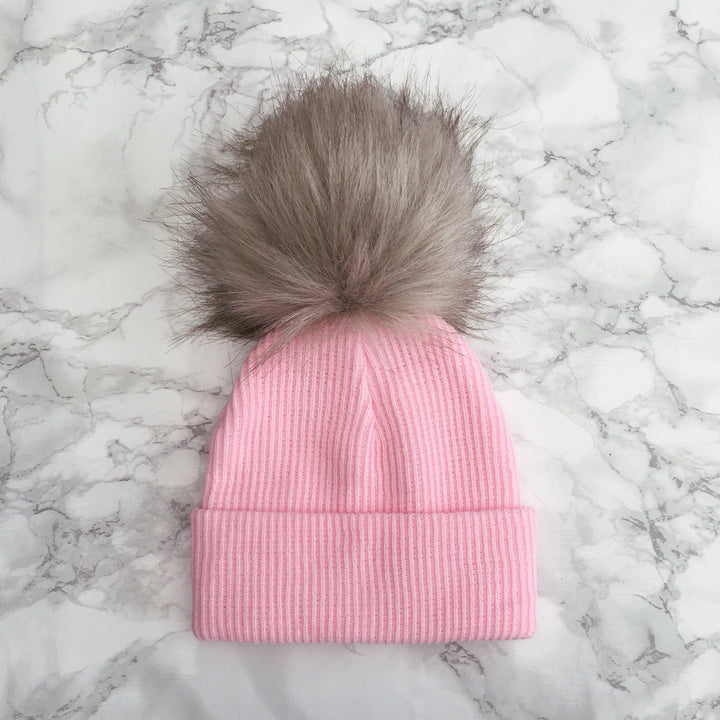 Millie and John Ribbed Brown Faux Fur Pom Pom Hat - Millie and John