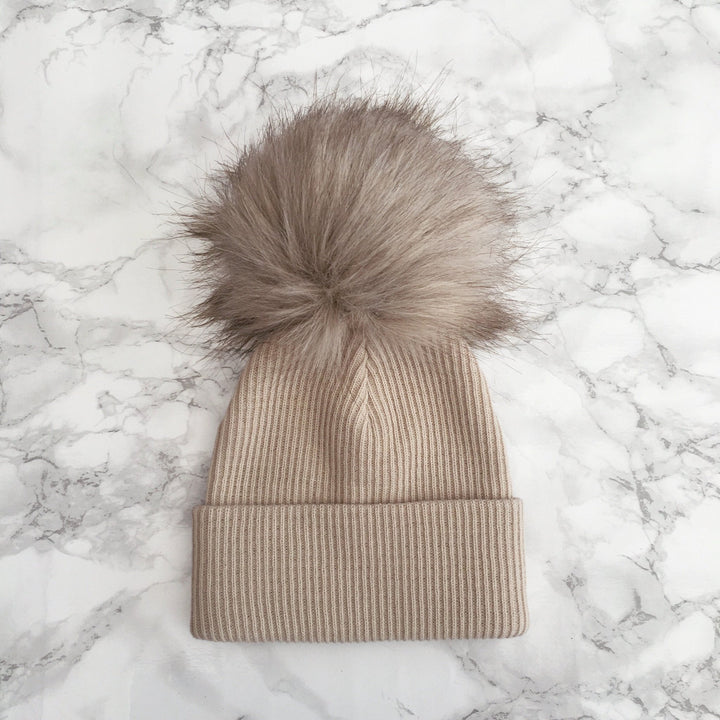 Millie and John Ribbed Brown Faux Fur Pom Pom Hat - Millie and John