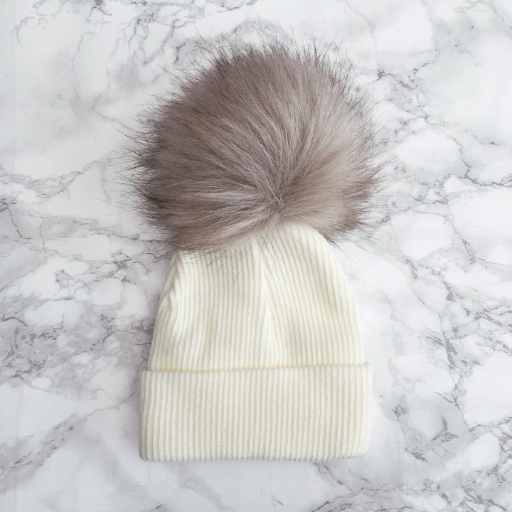 Millie and John Ribbed Brown Faux Fur Pom Pom Hat - Millie and John