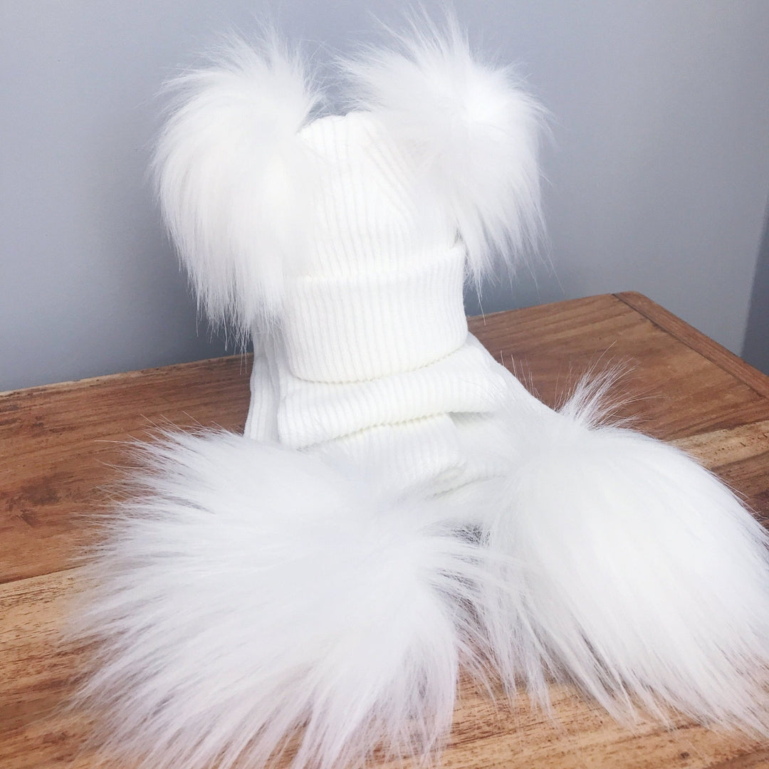 Millie and John White Ribbed Double Pom Pom Hat - Millie and John