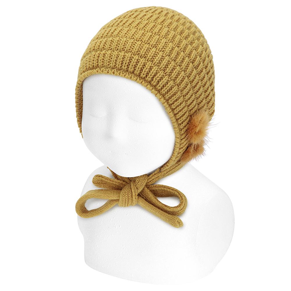 Condor Mustard Knitted Bonnet with Pom Poms | Millie and John