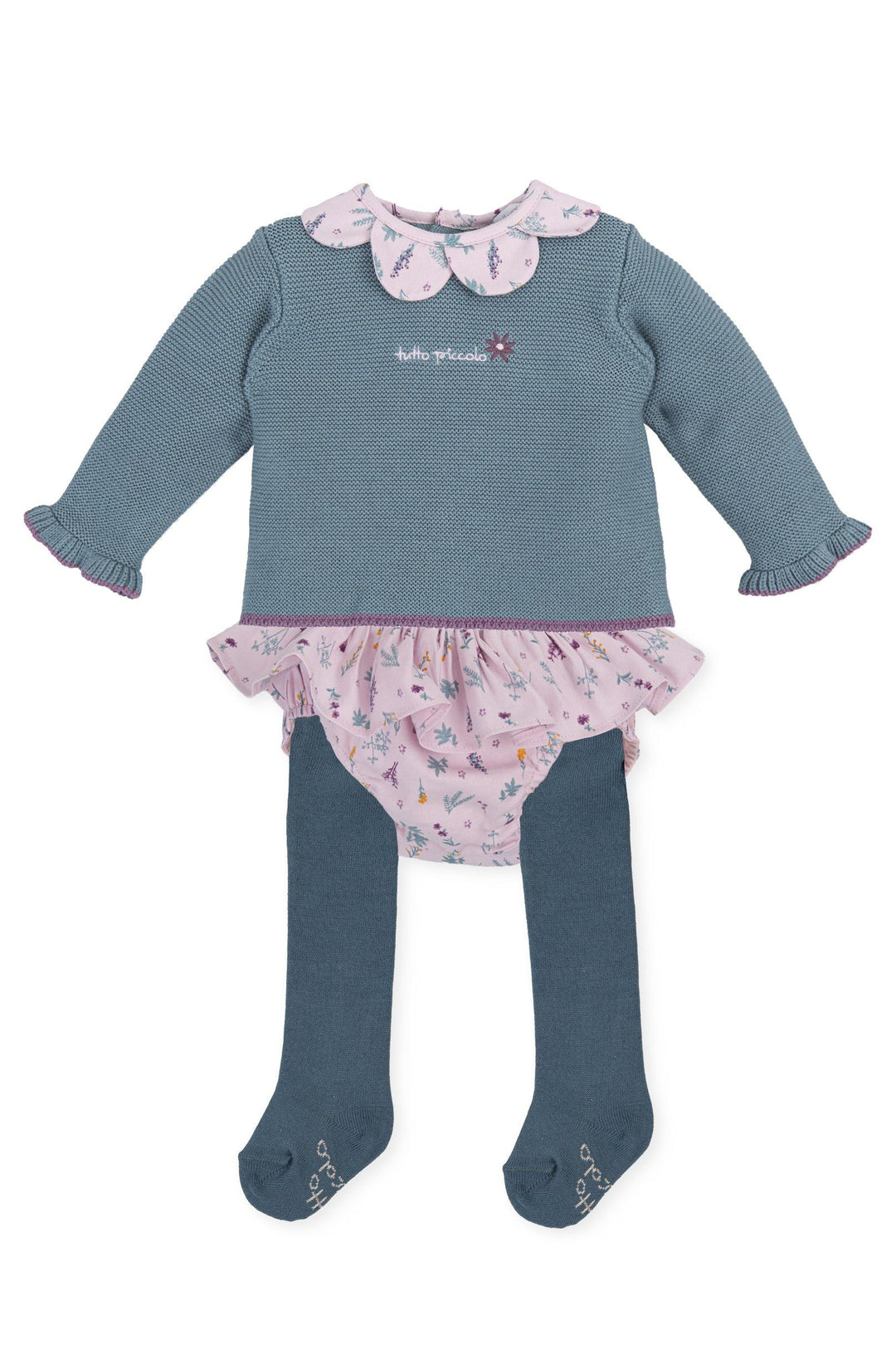 Tutto Piccolo "Naomi" Teal & Lilac Knit Top, Bloomers & Tights | Millie and John