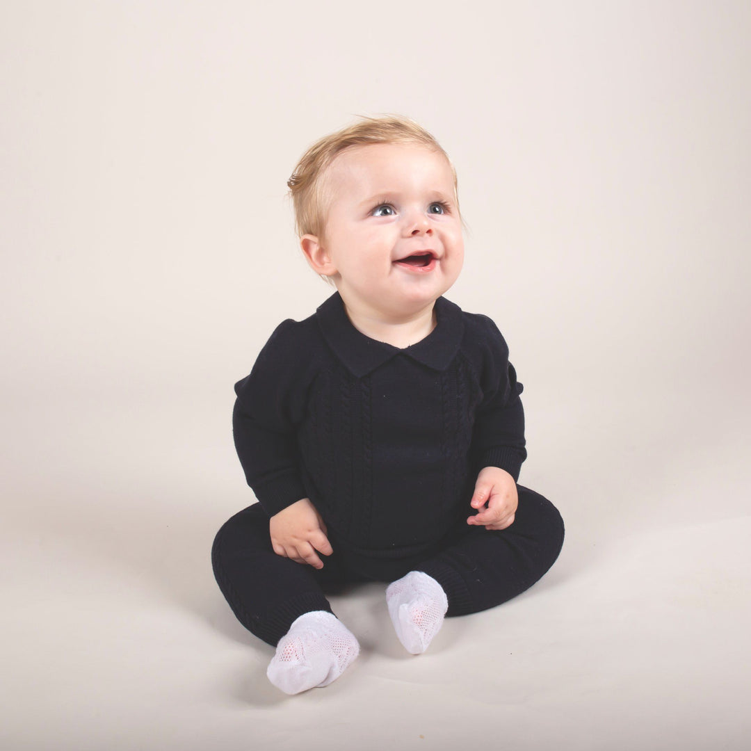 Caramelo Kids Navy Blue Cable Knit Polo Shirt & Trousers | Millie and John