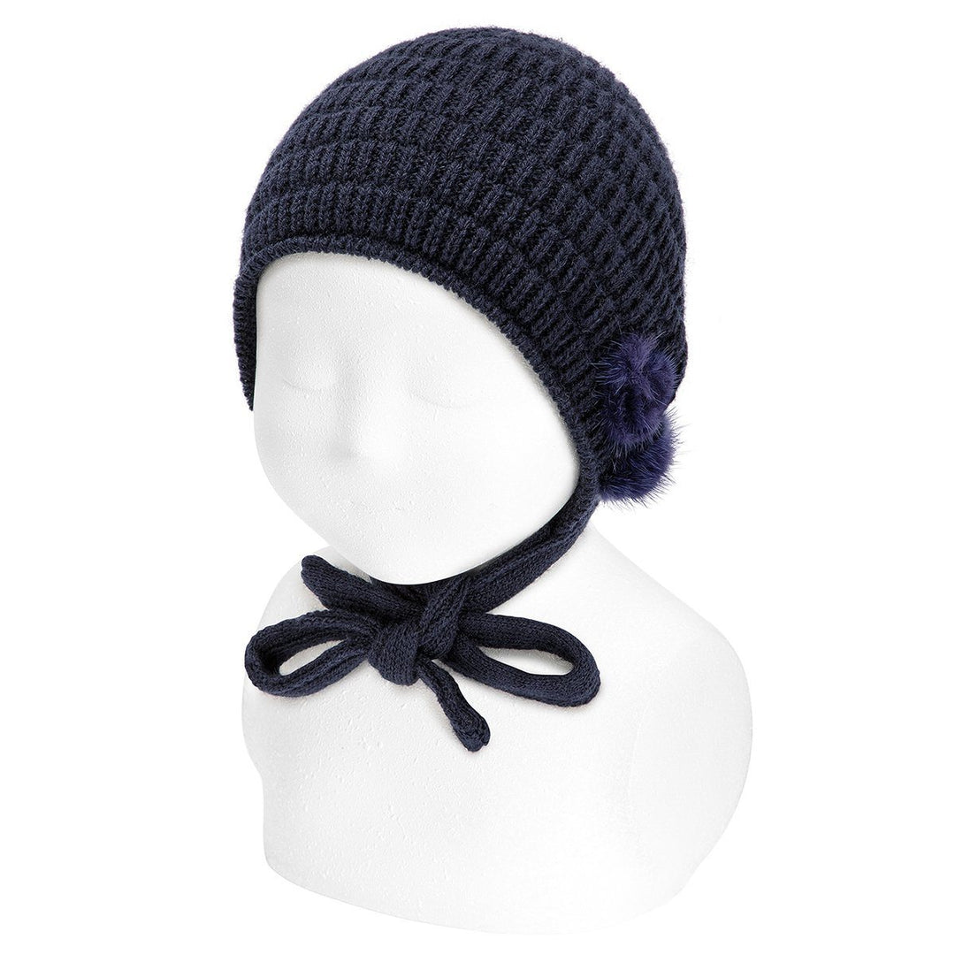 Condor Navy Knitted Bonnet with Pom Poms | Millie and John