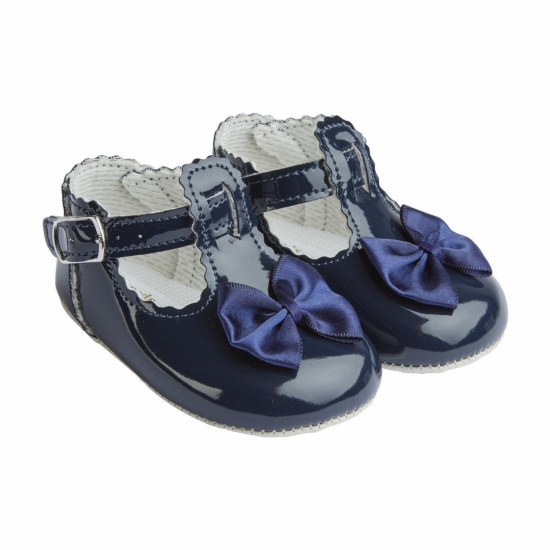 Baypods Navy Patent T-Bar Bow Soft Sole Shoes | Millie and John