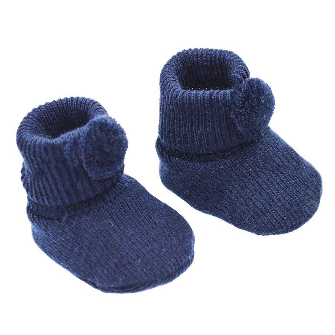 Soft Touch Navy Pom Pom Knitted Booties | Millie and John