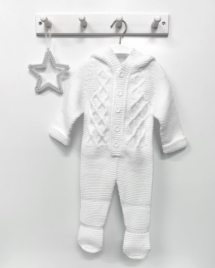 Nico Dingo BABY | White Knitted Pom Pom Pramsuit - Millie and John
