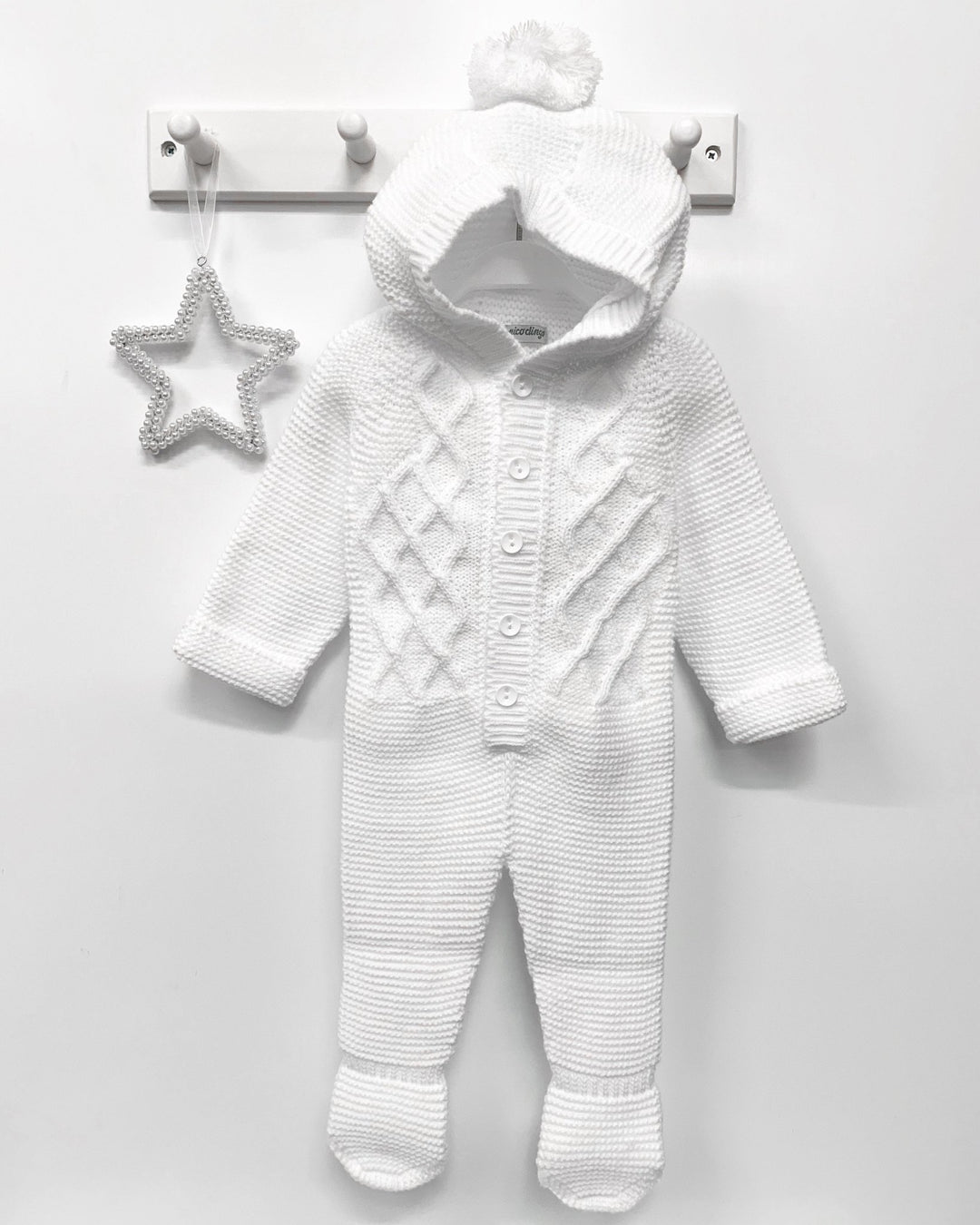 Nico Dingo BABY | White Knitted Pom Pom Pramsuit - Millie and John