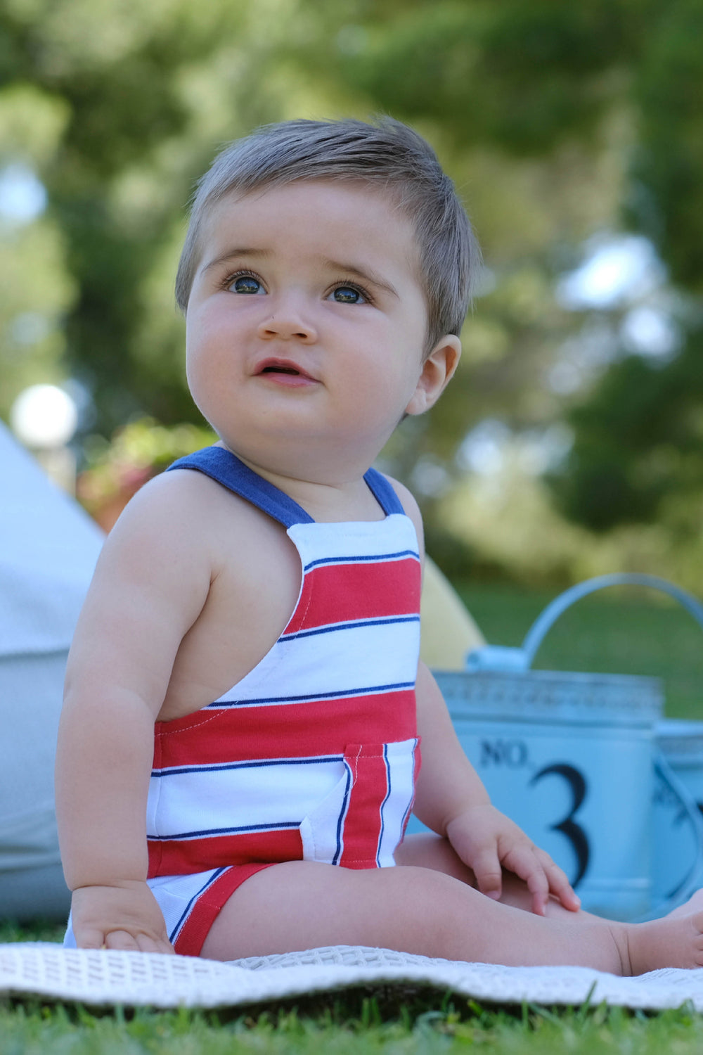 Tutto Piccolo "Rocco" Red & Navy Striped Dungarees | Millie and John