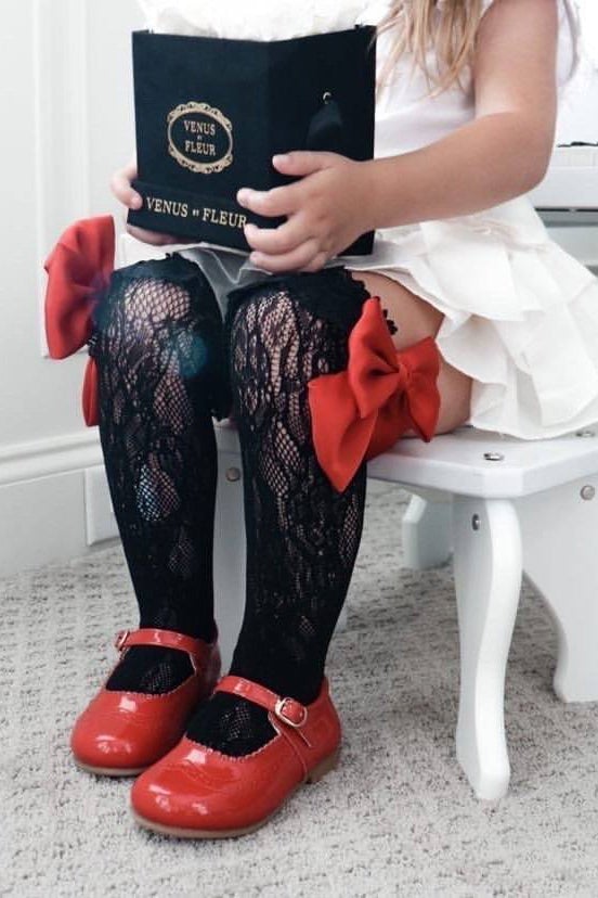 Petite Maison "Lola" Black Lace Satin Bow Socks - Millie and John