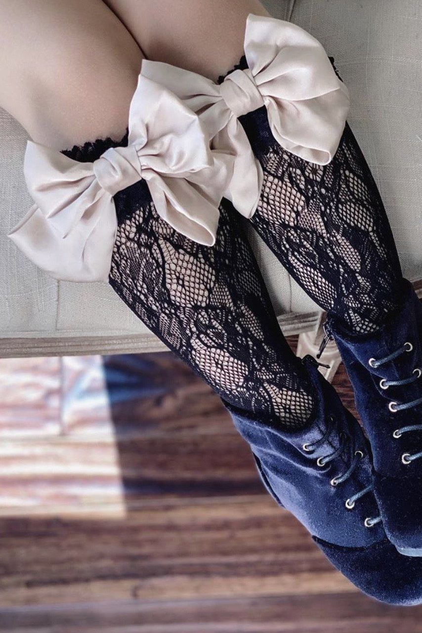 Petite Maison "Lola" Black Lace Satin Bow Socks - Millie and John