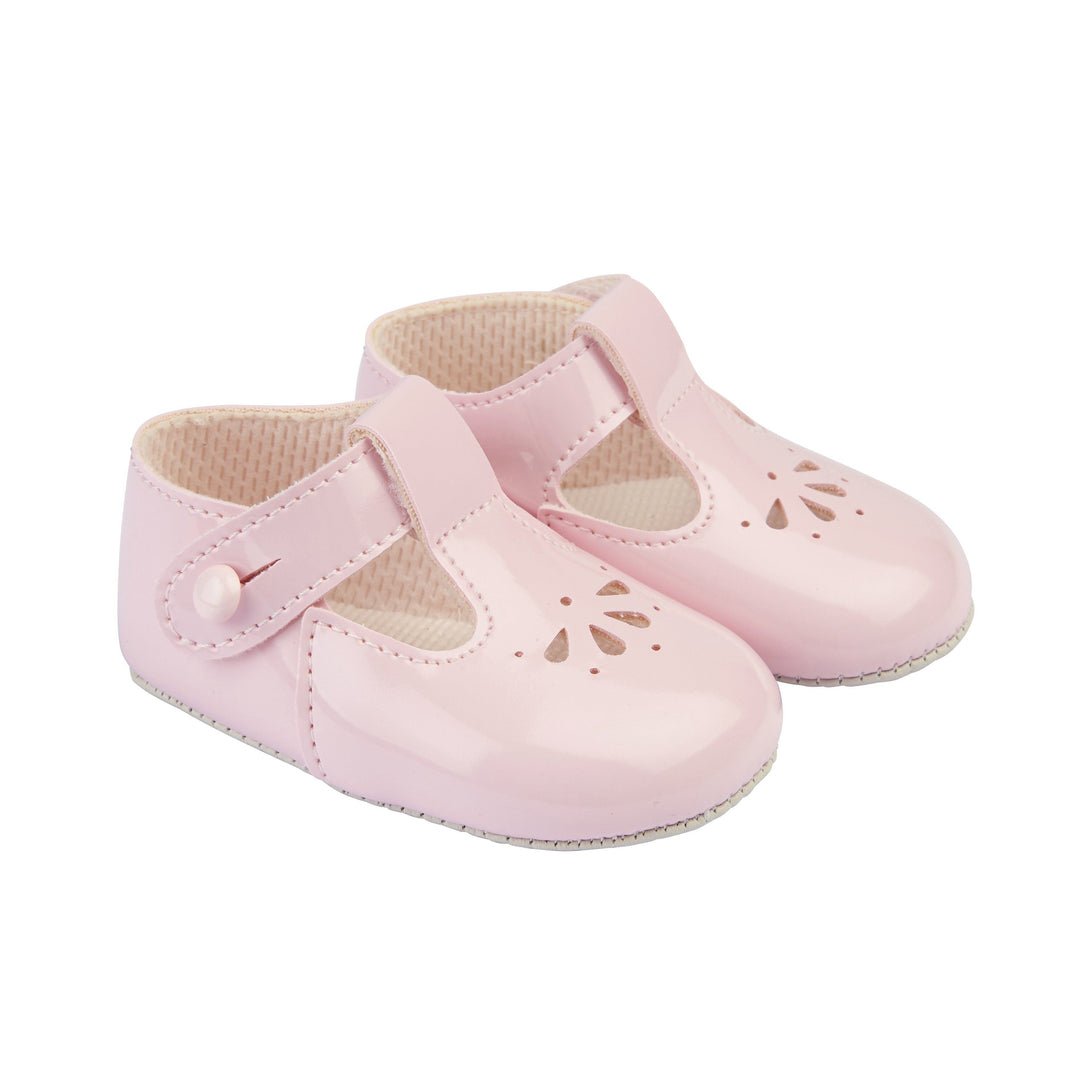 Baypods Pink Patent Petal Punch T-Bar Shoes | Millie and John