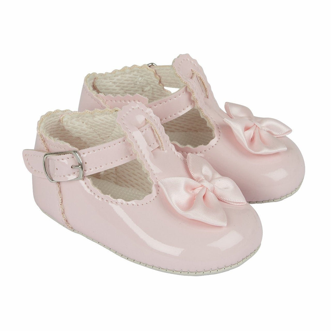 Baypods Pink Patent T-Bar Bow Soft Sole Shoes | Millie and John