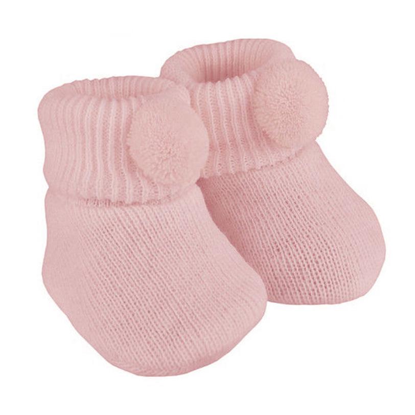 Soft Touch Pink Pom Pom Knitted Booties | Millie and John