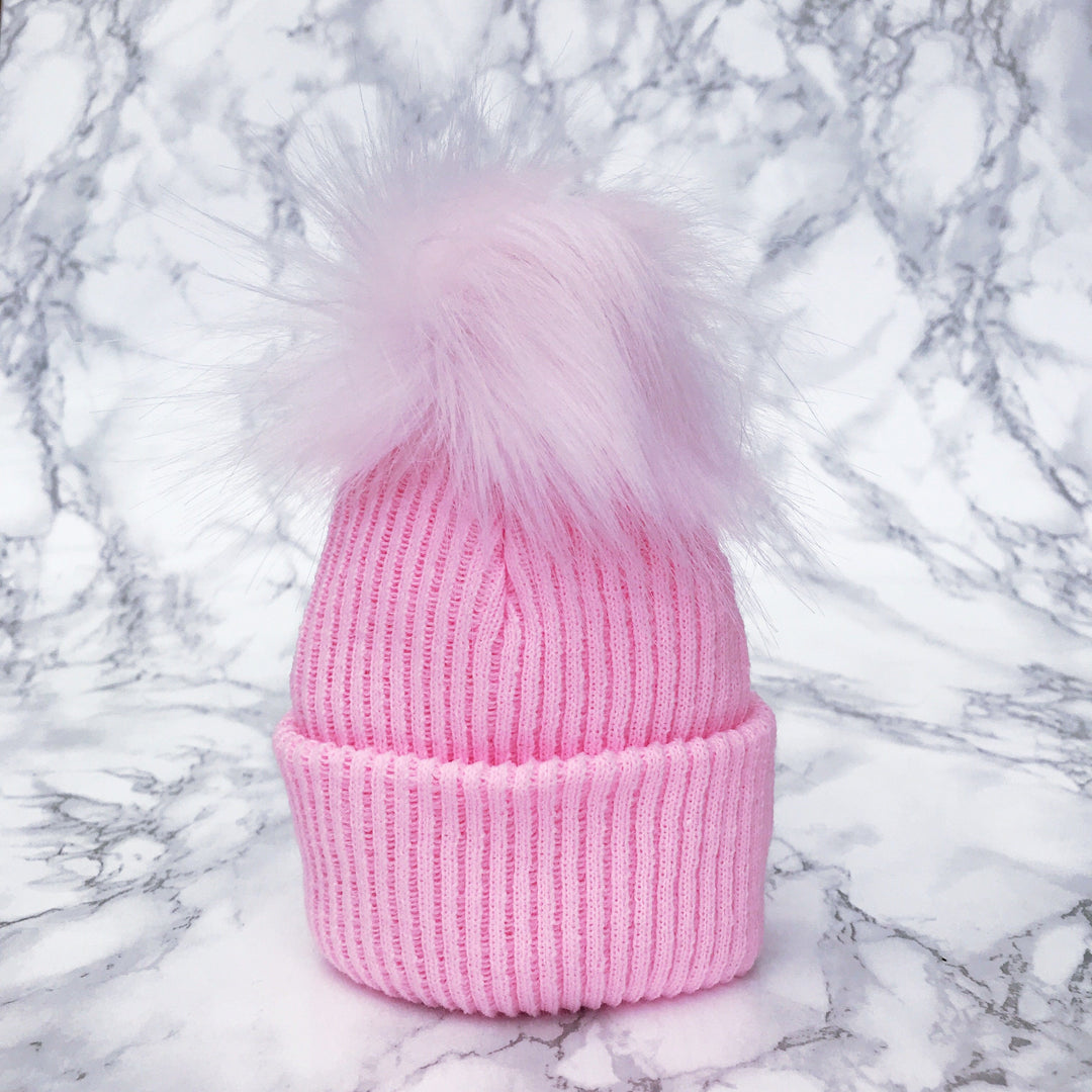 Millie and John Pink Ribbed Faux Fur Pom Pom Hat | Millie and John
