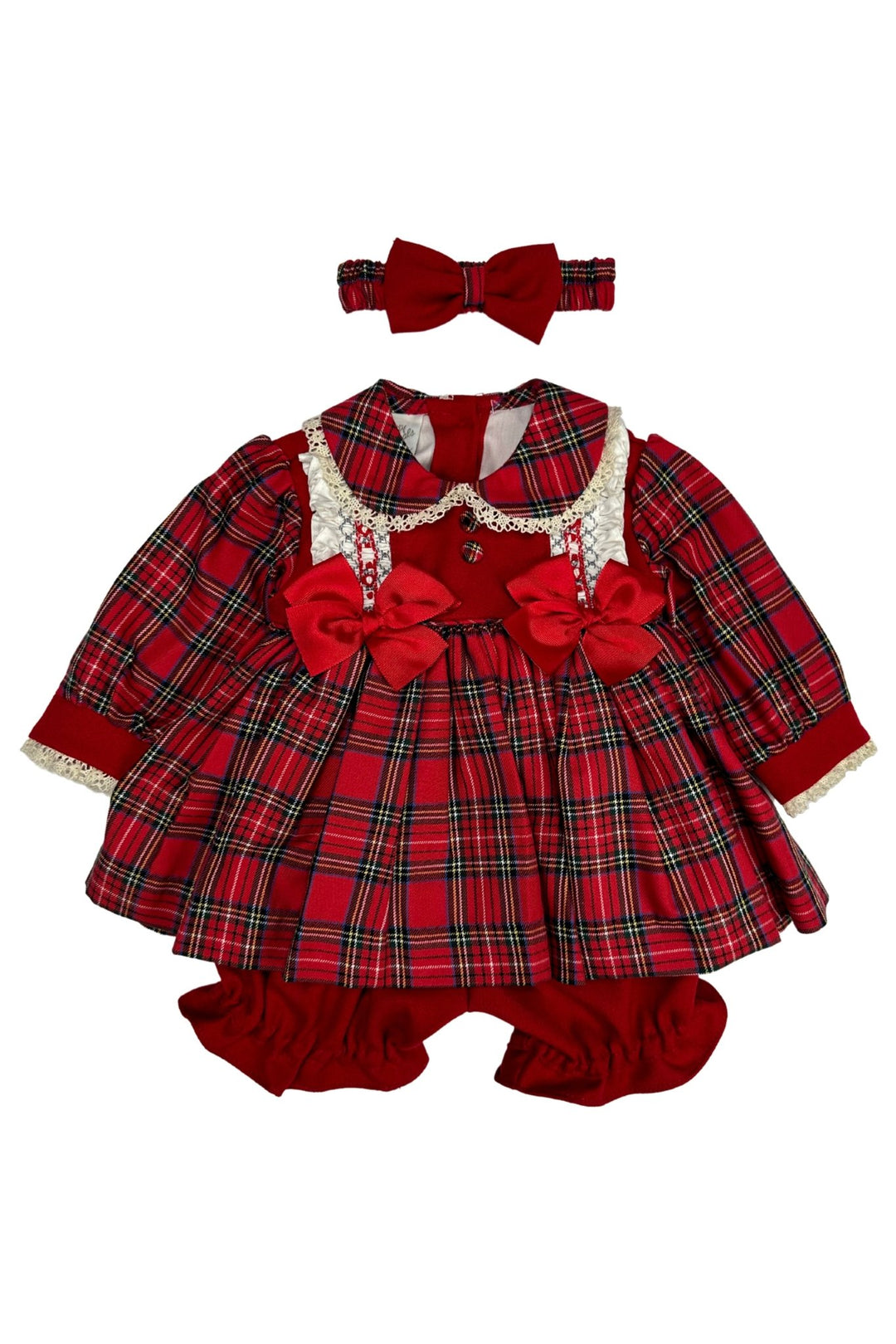 Pretty Originals "Dolly" Red Tartan Smocked Dress, Bloomers & Headband - Millie and John