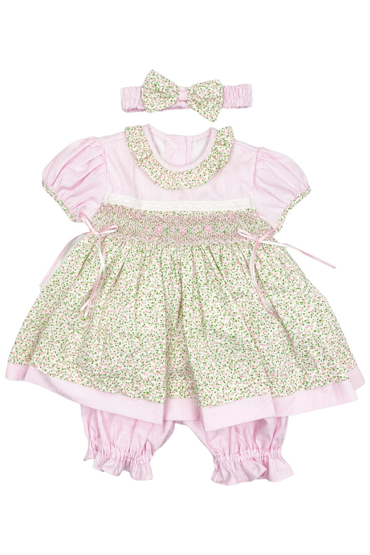 Pretty Originals "Lydia" Pink Floral Smocked Dress, Bloomers &amp; Headband - Millie and John