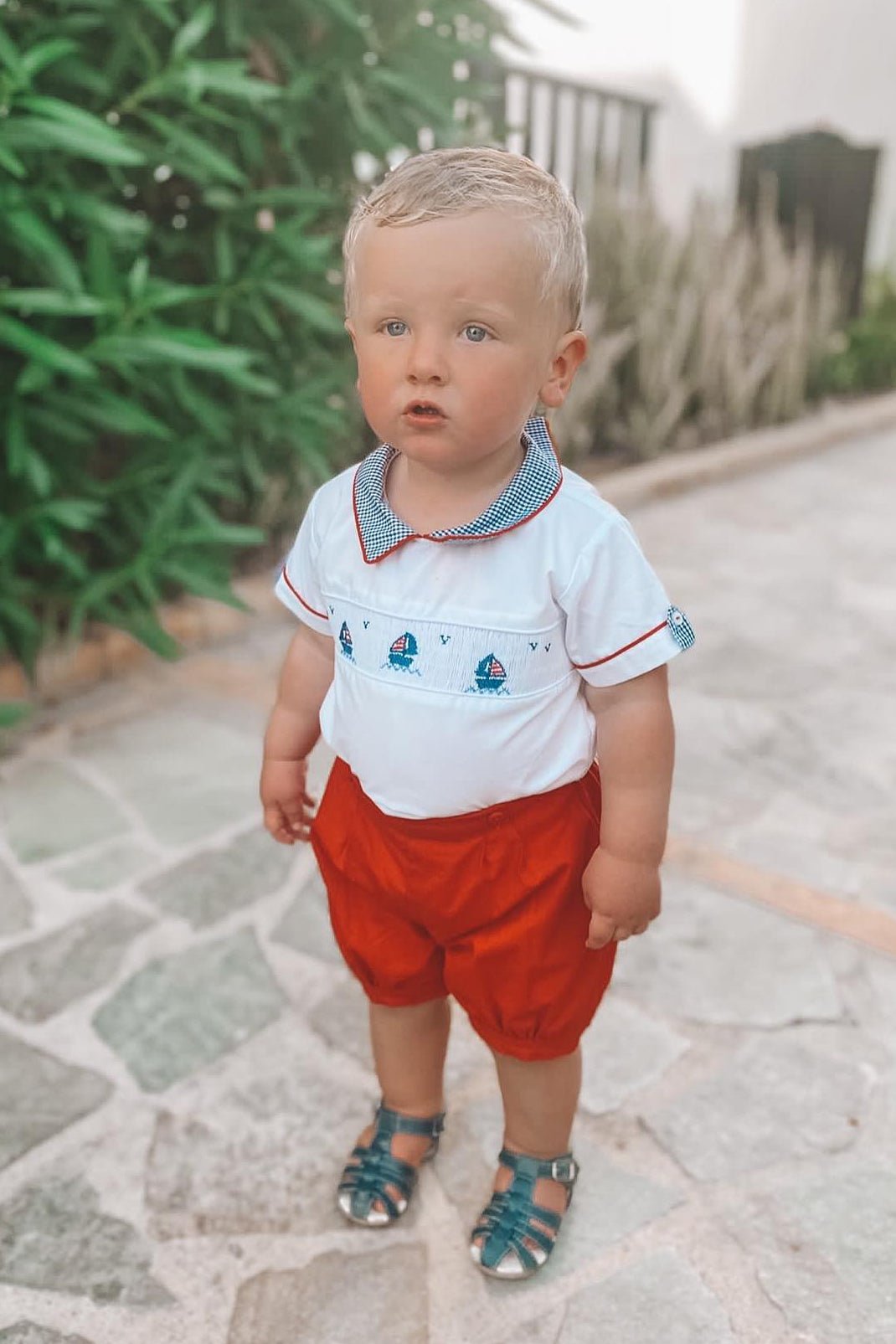 Pretty Originals "Remington" Red & Navy Smocked Sailboat Shirt & Shorts - Millie and John