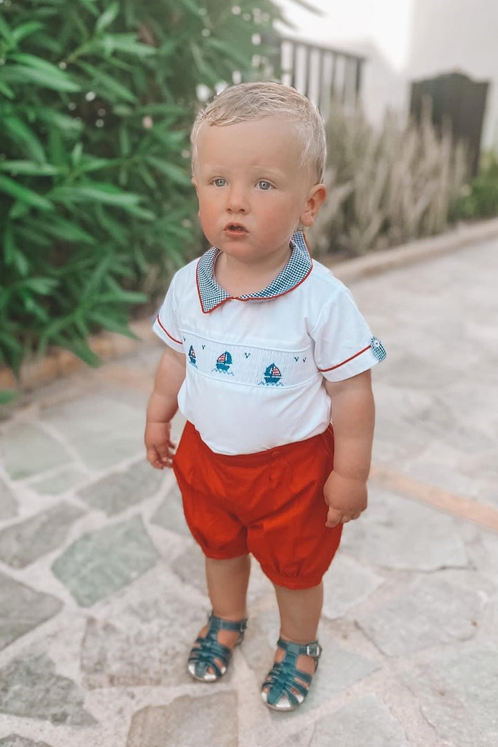 Pretty Originals "Remington" Red & Navy Smocked Sailboat Shirt & Shorts - Millie and John