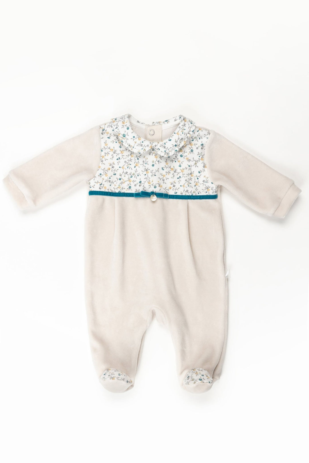 Pureté du Bebe "Agnes" Stone & Teal Floral Velour Sleepsuit - Millie and John
