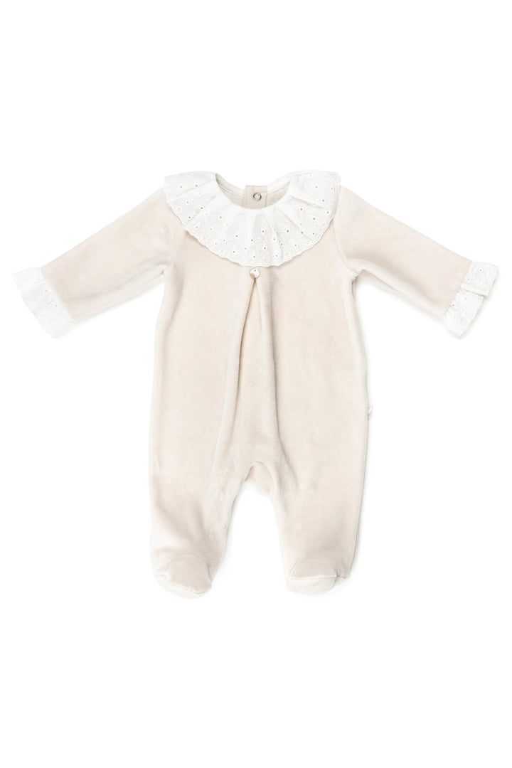 Pureté du Bebe "Eliana" Stone Velour Broderie Anglaise Sleepsuit - Millie and John