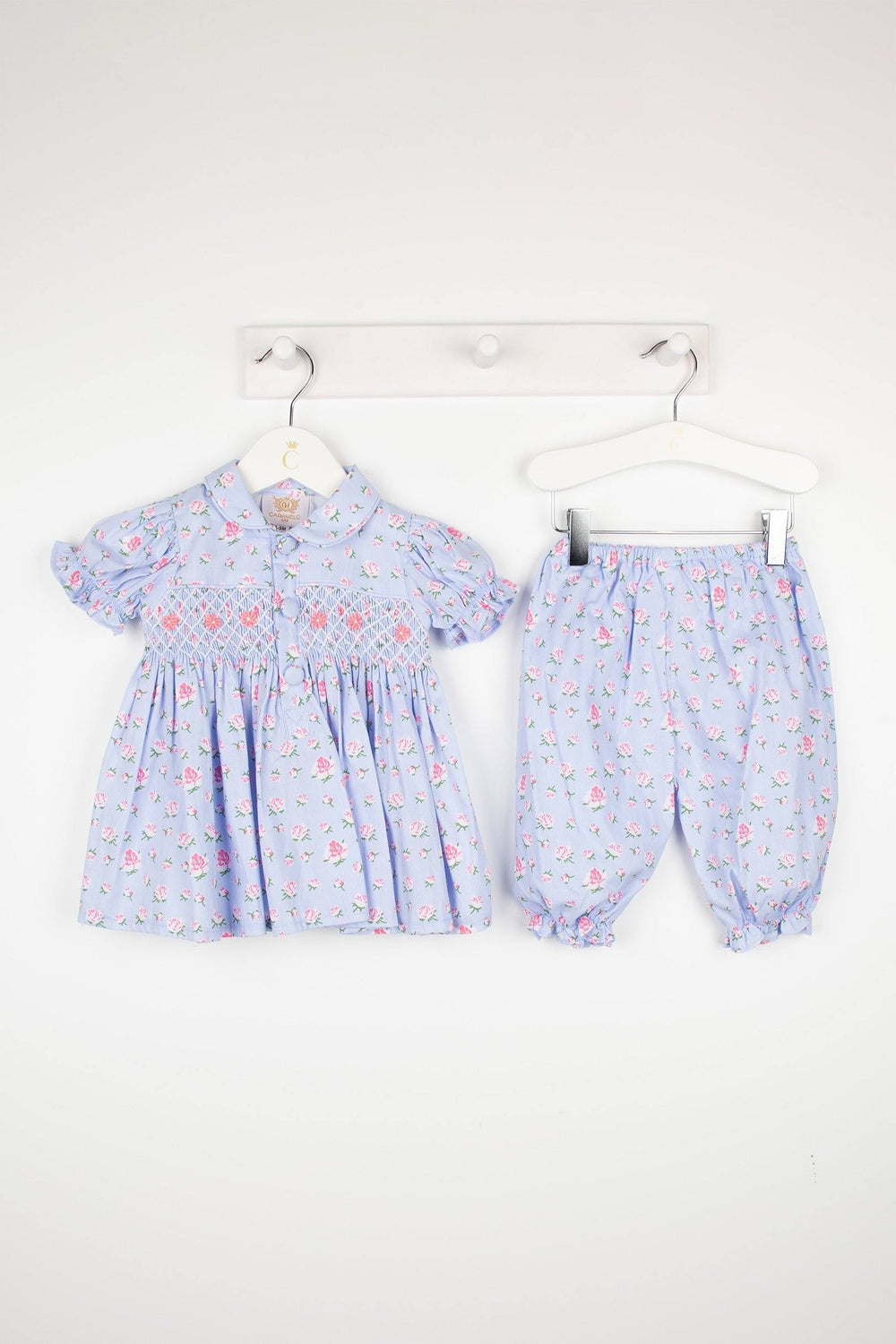 Caramelo Kids "Raeni" Blue Floral Smocked Blouse & Bloomers | Millie and John