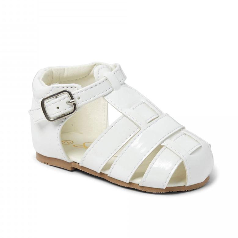 Sevva "Ralph" White Patent Hard Sole Sandals | Millie and John