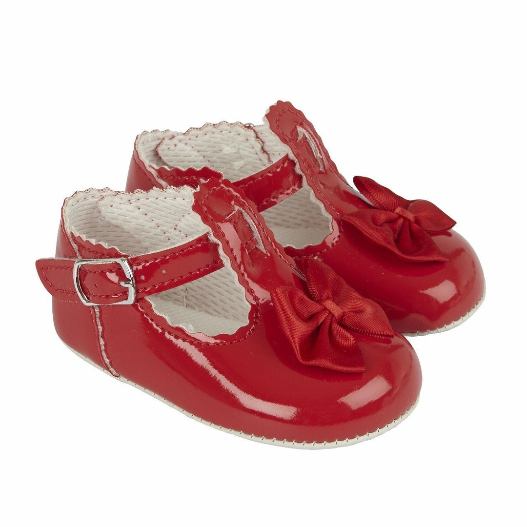 Baypods Red Patent T-Bar Bow Soft Sole Shoes | Millie and John