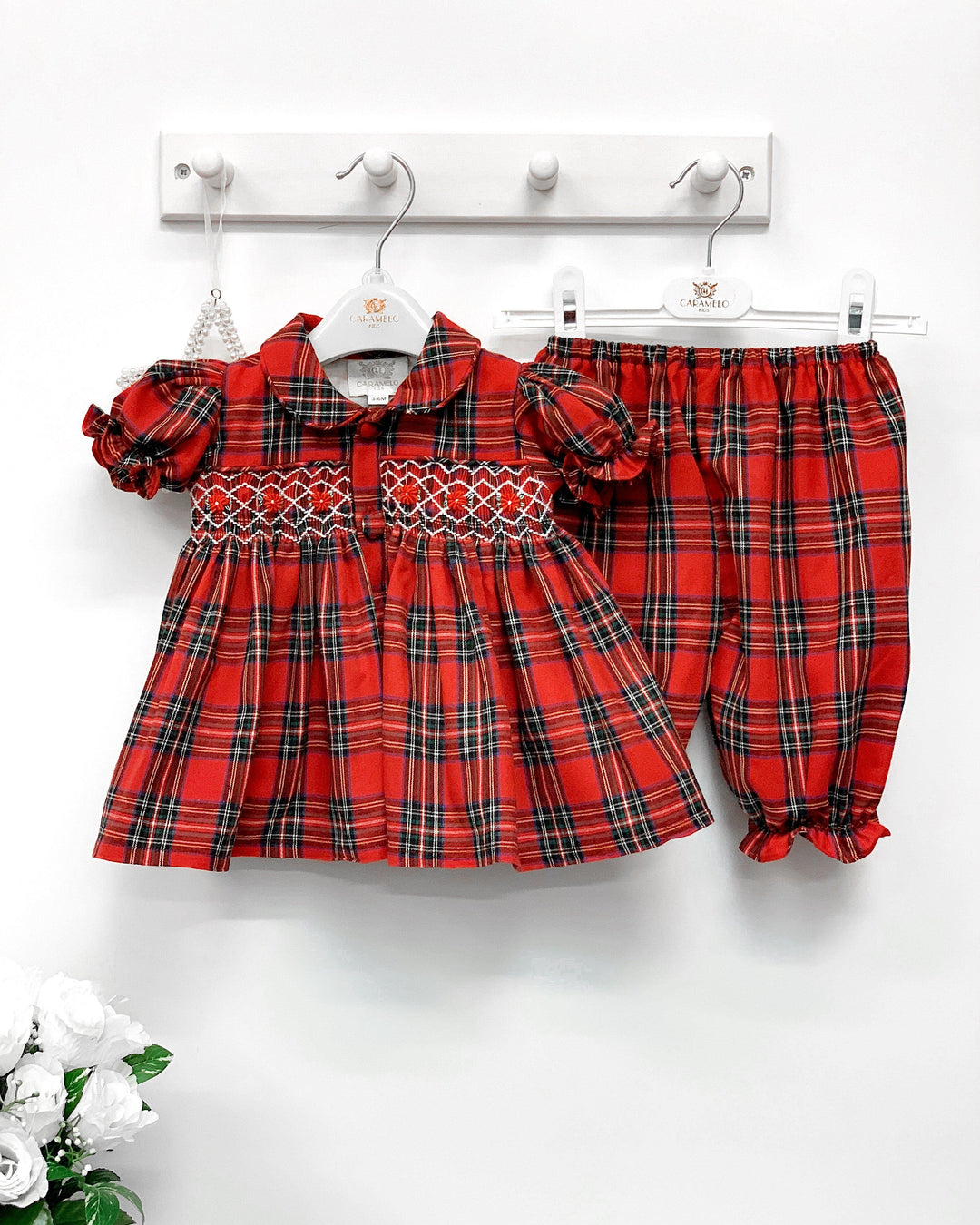 Caramelo Kids Red Tartan Smocked Blouse & Bloomers | Millie and John