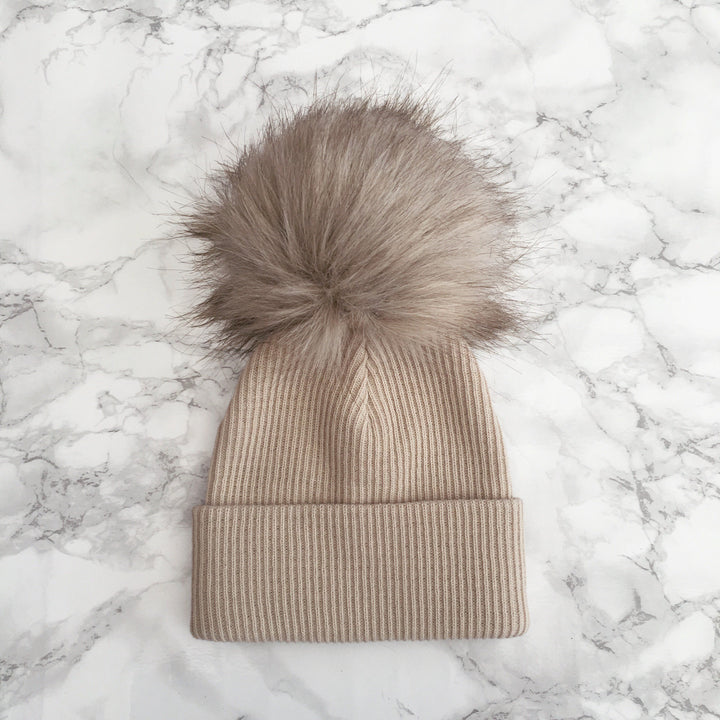 Millie and John Ribbed Brown Faux Fur Pom Pom Hat | Millie and John
