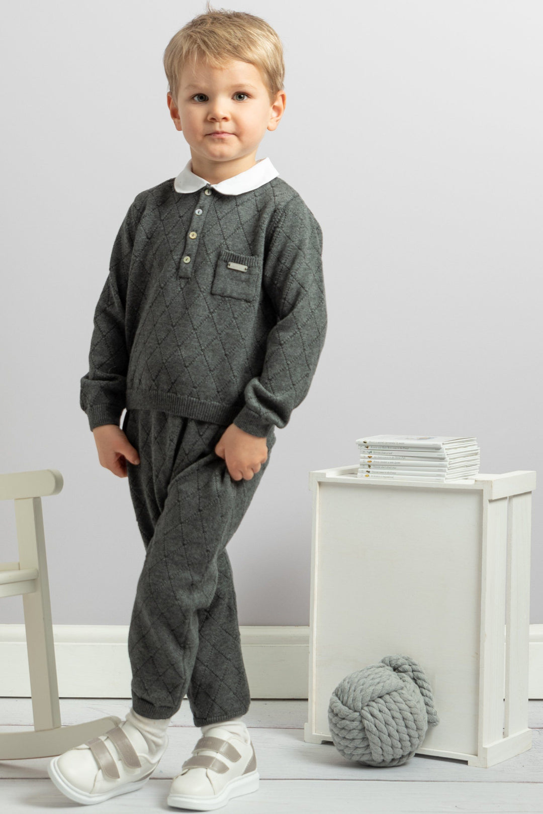 Caramelo Kids "Rory" Charcoal Grey Diamond Knit Tracksuit | Millie and John