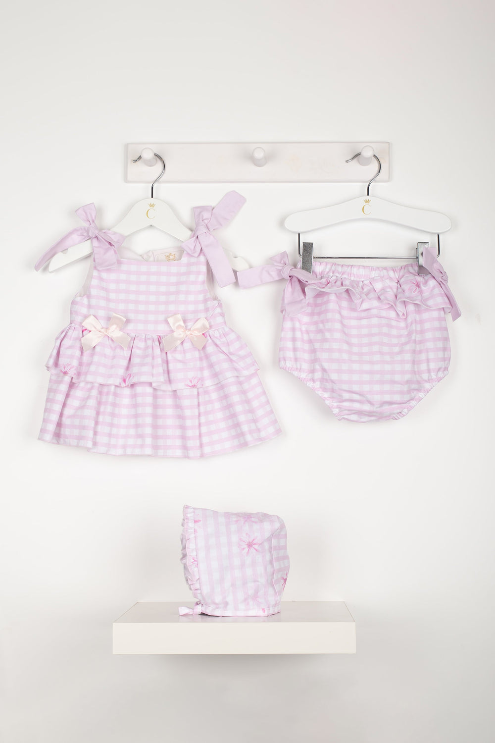 Caramelo Kids "Rosie" Pink Gingham Dress, Bloomers & Bonnet | Millie and John