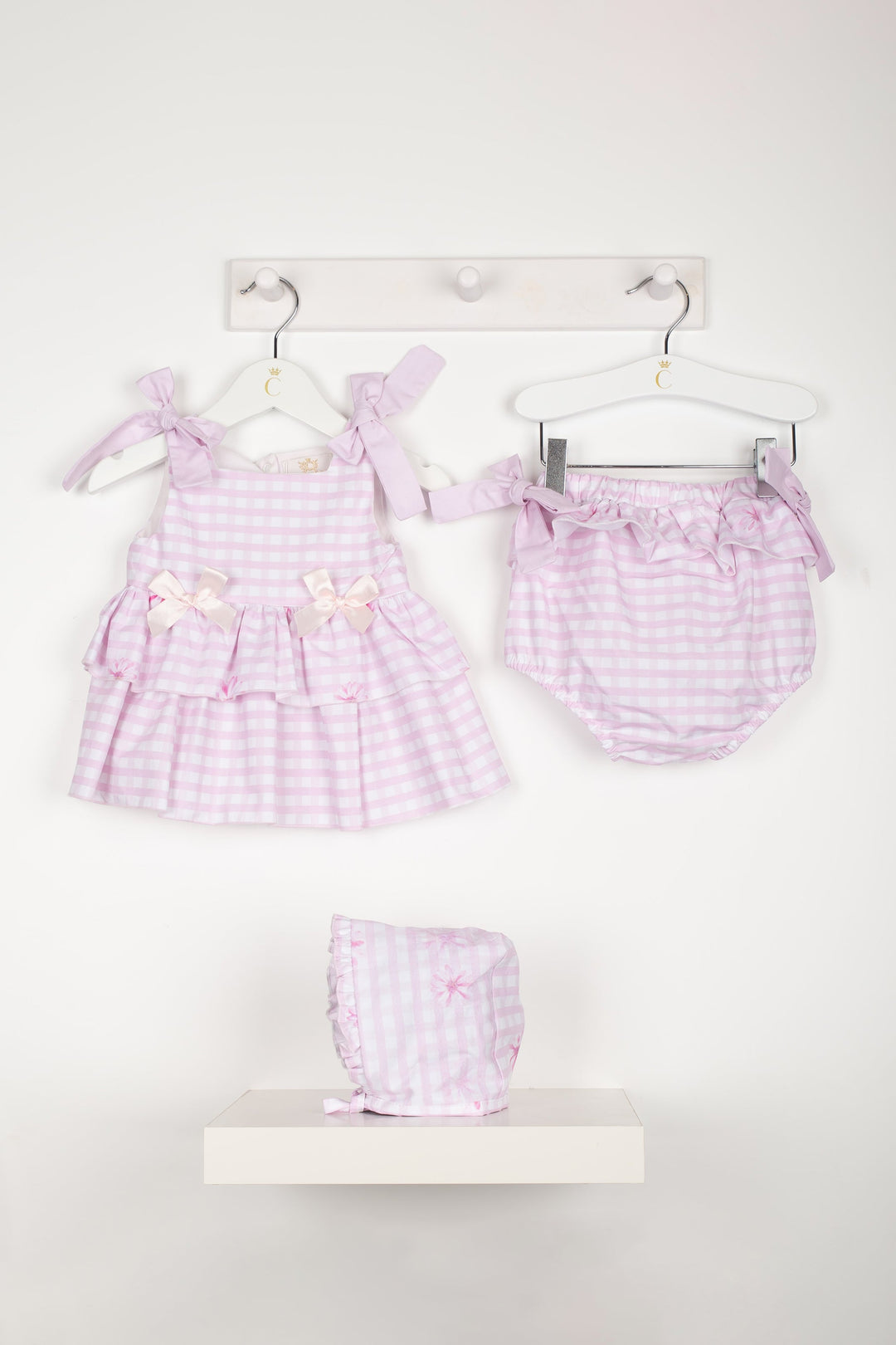 Caramelo Kids "Rosie" Pink Gingham Dress, Bloomers & Bonnet | Millie and John
