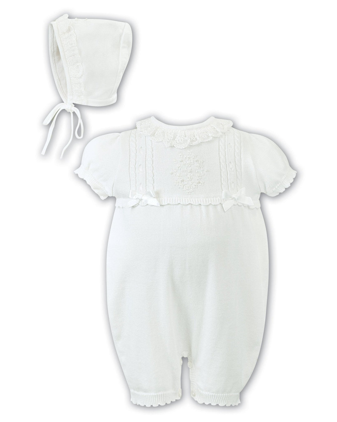 Sarah Louise "Alexandra" Lace Collar Knit Romper & Bonnet - Millie and John