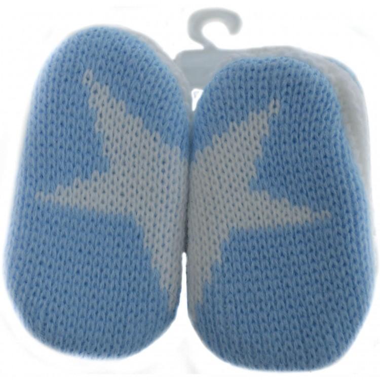 Soft Touch Blue & White Knitted Pom Pom Booties - Millie and John