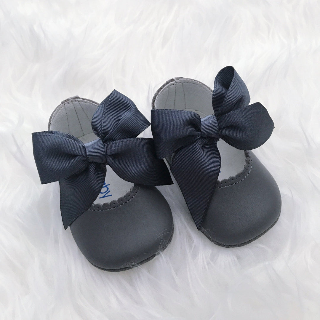 Top Baby Grey Leather Bow Soft Sole Shoes - Millie and John