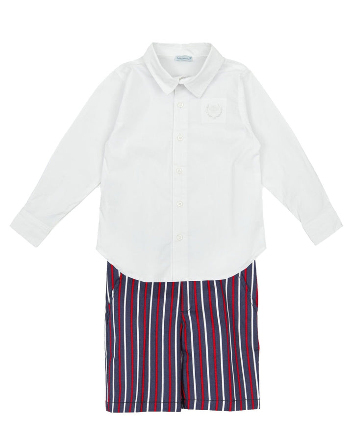 Tutto Piccolo "David" Shirt & Navy & Red Striped Shorts - Millie and John